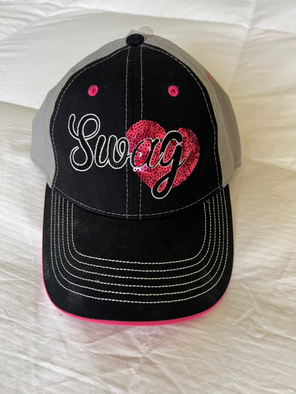 Black & Gray Hat with Pink Sequin Heart